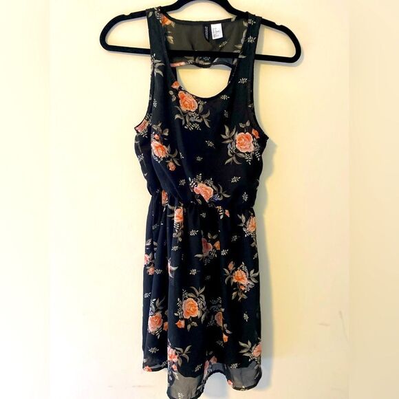 Divided Dresses & Skirts - DIVIDED by H&M, Black Sun Dress with Pink Flowers, cut out back, Size 4